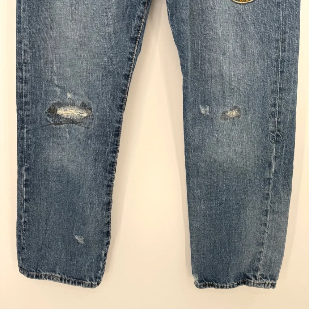 Polo Ralph Lauren Jeans Mens 34 Blue Classic Fit Distressed Military Patches